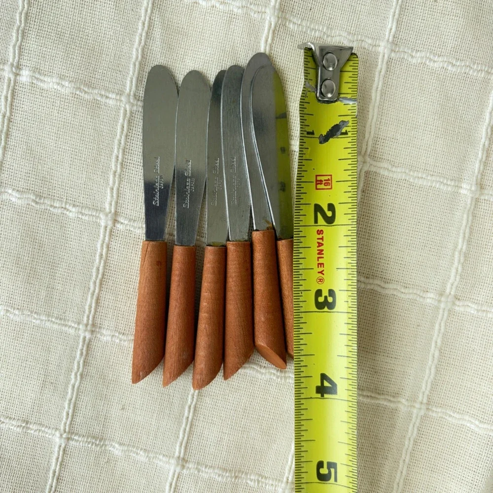 Vintage MCM Set of 6 Wood Handle Butter Spreaders Stainless Steel Japan 4.5 inch